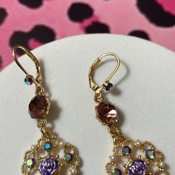Betsy Johnson Purple Flower Crystal Drop Earrings - Picture 7 of 14